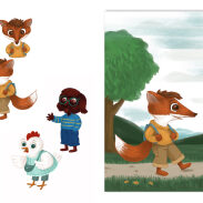 Un renard et un poulet dans un paysage